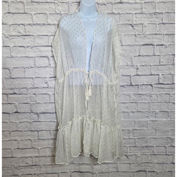 NWT LC Lauren Conrad Sheer Cover Up Duster One Size Ivory Gold Drawstring Waist - Picture 1 of 12